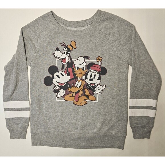 Retro Official Disney Mickey Mouse Sweatshirt  Small Gray White Stripes - Picture 1 of 5